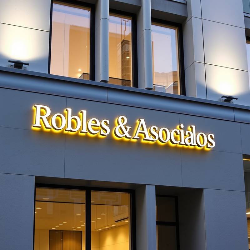 Fachada moderna de la oficina de Robles & Asociados en Madrid con letrero iluminado.