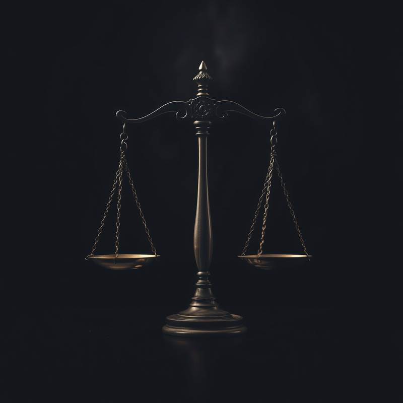 Imagen abstracta de una balanza de la justicia en un entorno oscuro, representando un caso penal.